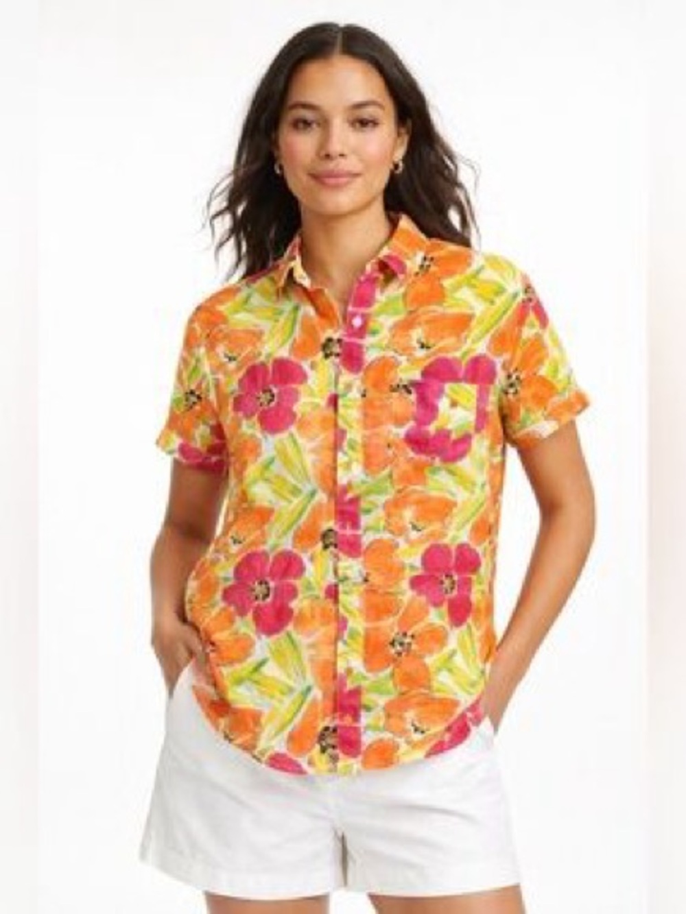 J Crew 100% LinenOrange Pink
Floral Short Sleeve Shirt Size XL
